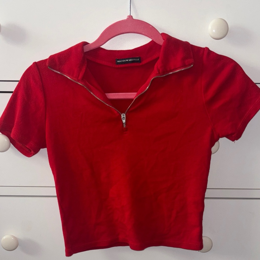 Brandy Melville Red Cropped Polo Shirt – One Size, Cotton, Made in Italy